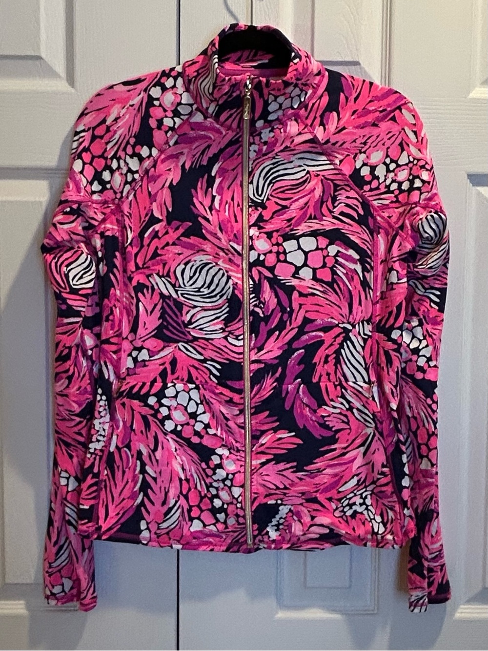 Lily Pulitzer Luxletic Women’s Pink and Navy Patterned Zip-Front Jacket - size M